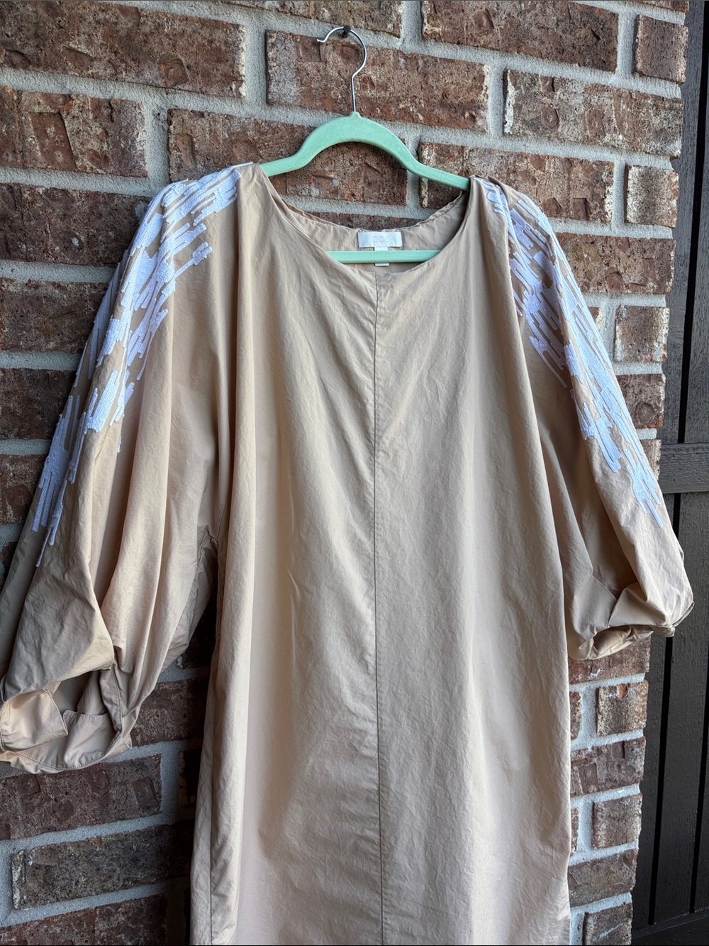 COS Beige puff Sleeve Midi Dress with White Embroidered Shoulders - Picture 3 of 11